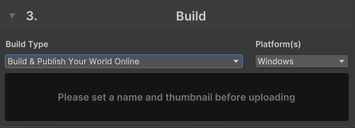VRChat Control Panel ビルダー画面の Build セクション