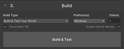 VRChat Control Panel ビルダー画面 Build &amp; Test が選択されている Build セクション