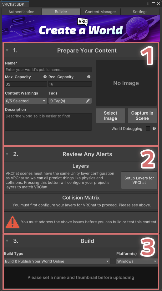 VRChat Control Panel セットアップ前のビルダー画面