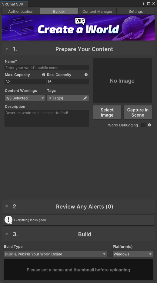 VRChat Control Panel セットアップ後のビルダー画面